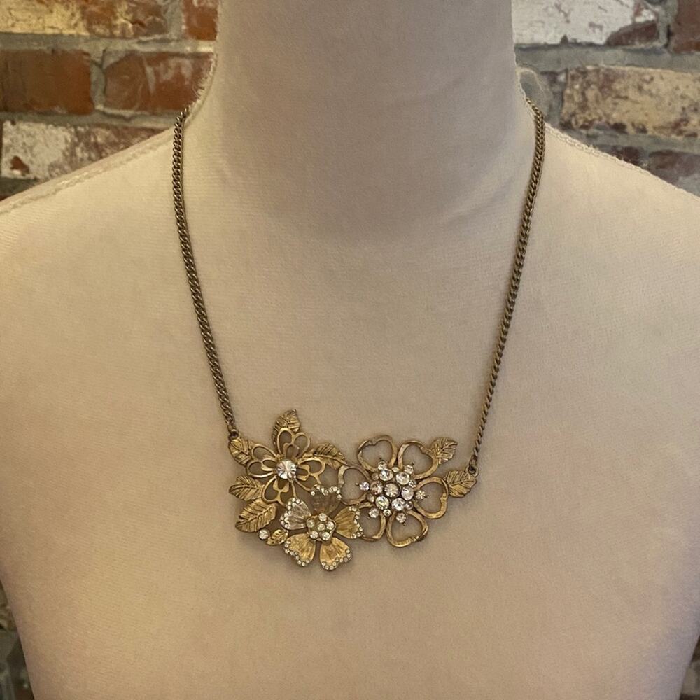 Floral Faux Gold and Rhinestone Statement Necklace Adjustable Length